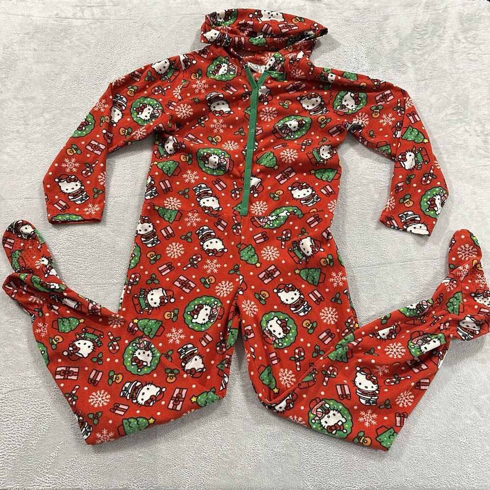 Hello Kitty Sanrio One Pc Large Christmas Hooded Full Zip Jumpsuit Pajama